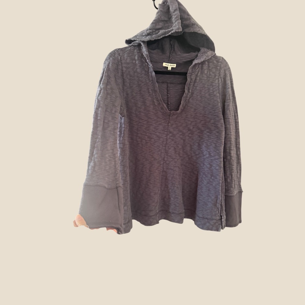 Rag Poets Y2k‎ Grunge Gray Slub Knit Deep V-Neck Hooded Pullover Sweater Size S